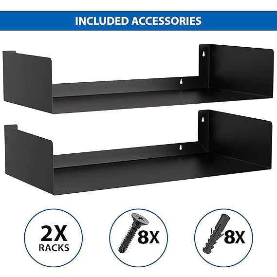 Heavy-Duty Wall Mount Metal U Shape Shelves for Home | Bookshelf CD DVD Storage Display Bookcase | Set of 2 | Black