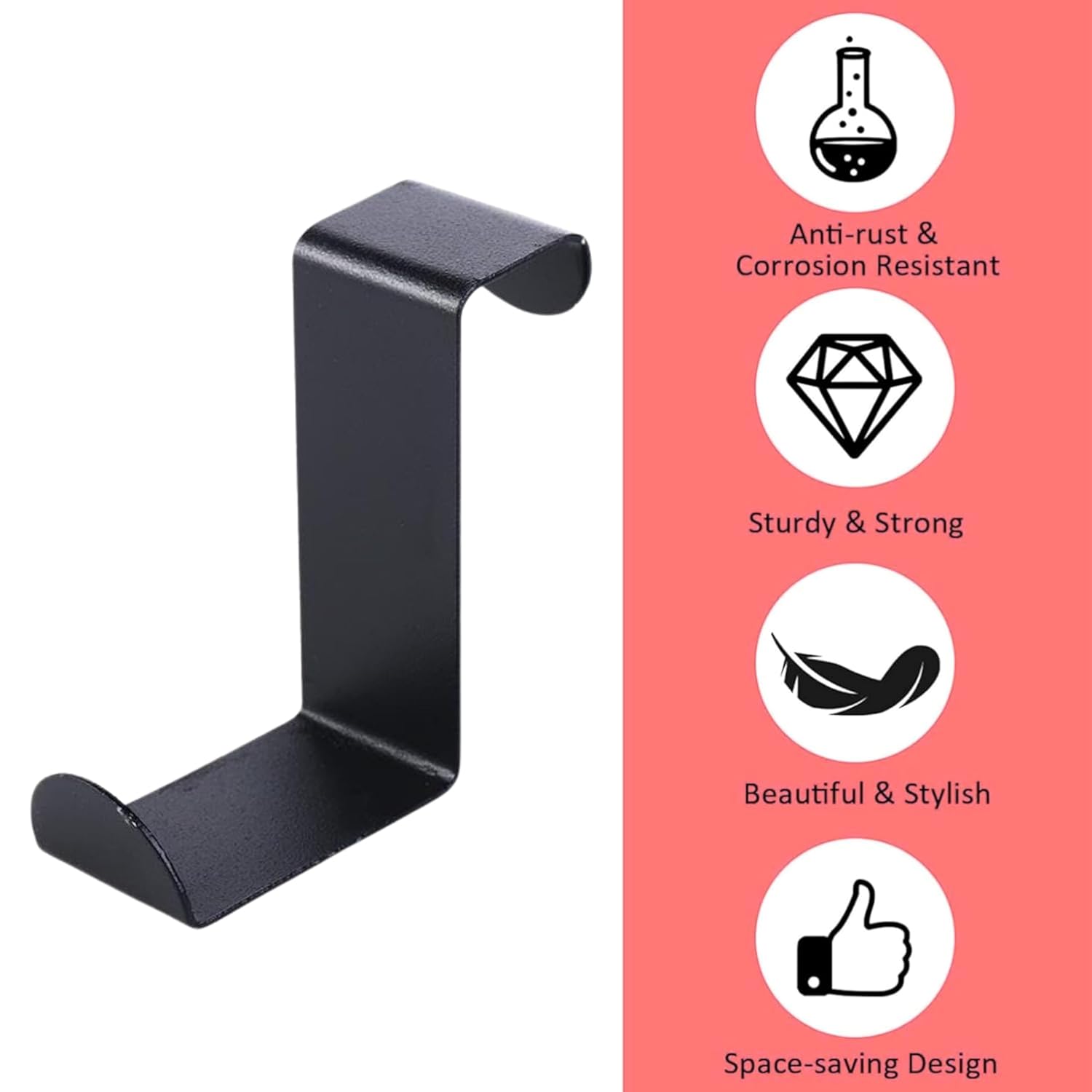 AMF INDIA Black Stainless Steel Over Door Hook for Clothes, Towels & Wreaths, Heavy-Duty Door Hanger for Kitchen & Bathroom (Pack of 6)
