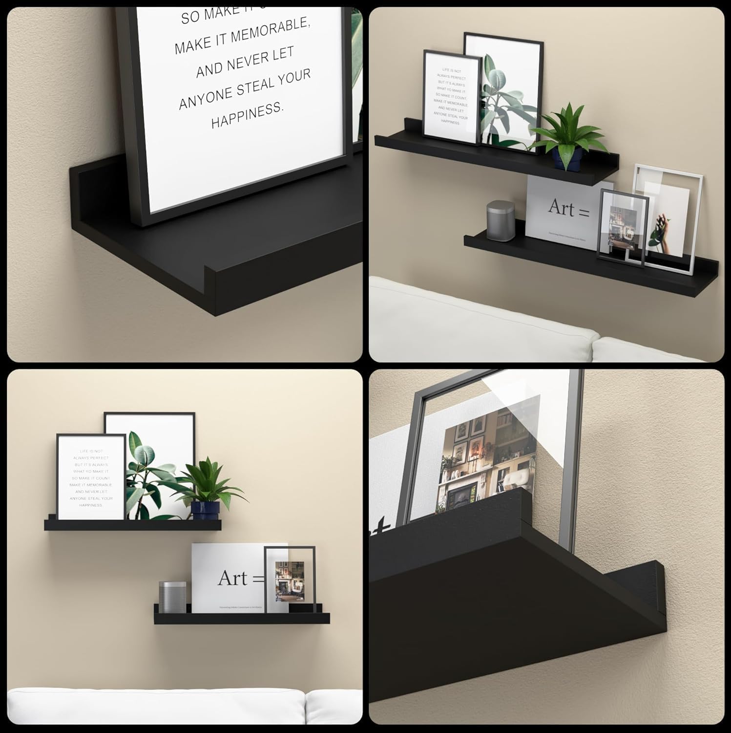 Metal Floating Wall Shelf Set of 2, U-Shape Wall Display Rack for Living Room, Bedroom, Kitchen Decor, Black, 63x13.8 cm